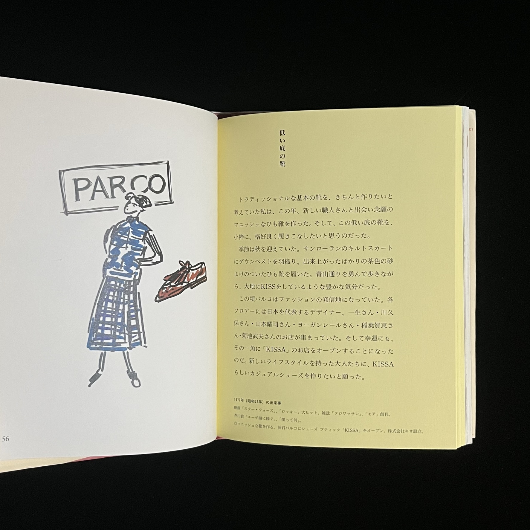 ファッションをきめた女性と靴とPARCOの文字が書かれたイラスト。PARCOの喜佐さんのお店「KISSA」をオープンできたことが書かれている