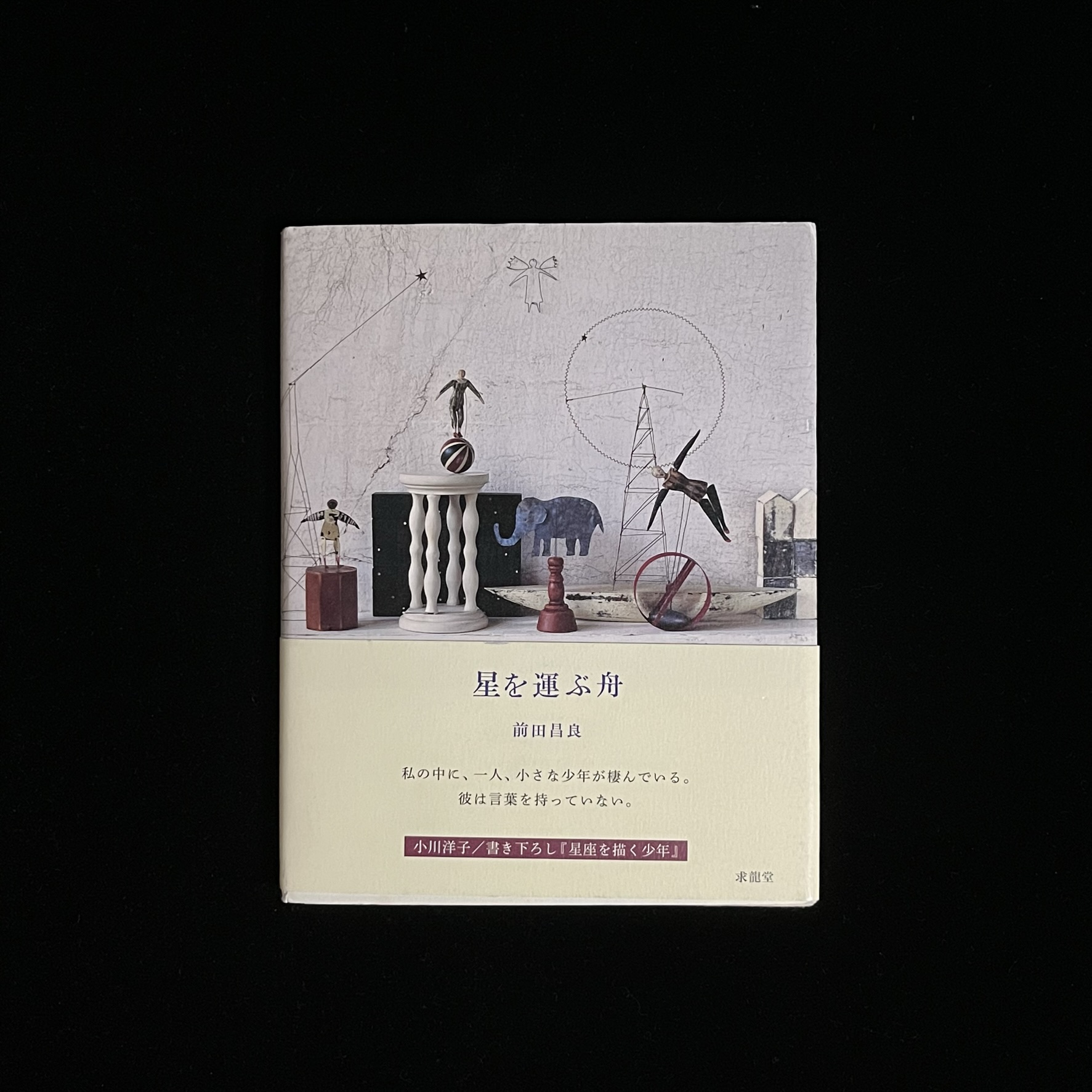 前田昌良さんの『星を運ぶ舟』の本の表紙の写真。前田さんの作品を集めており、玉乗りやゾウ、家などの作品が並べられています