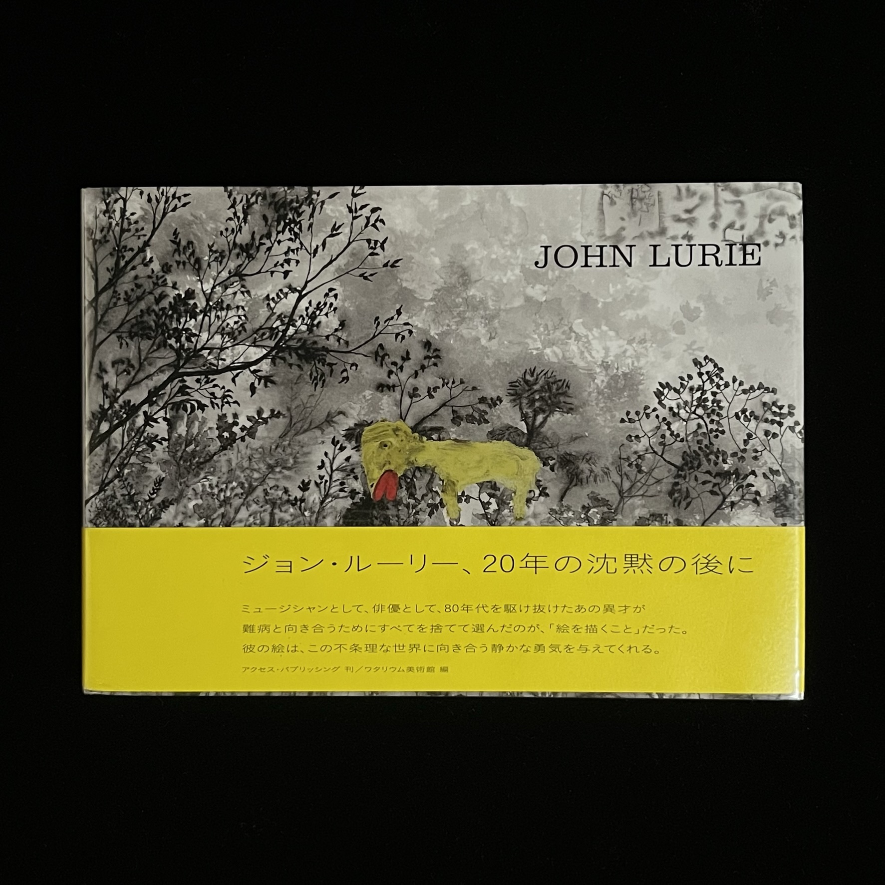 『JOHN LURIE』の表紙の写真。John Lurie（ジョン・ルーリー）さんの絵が表紙に使われており、草木の背景の絵の前に正体不明の唇の厚い黄色い動物が描かれています。帯には、「ジョン・ルーリー、20年の沈黙の後に」と書かれています。