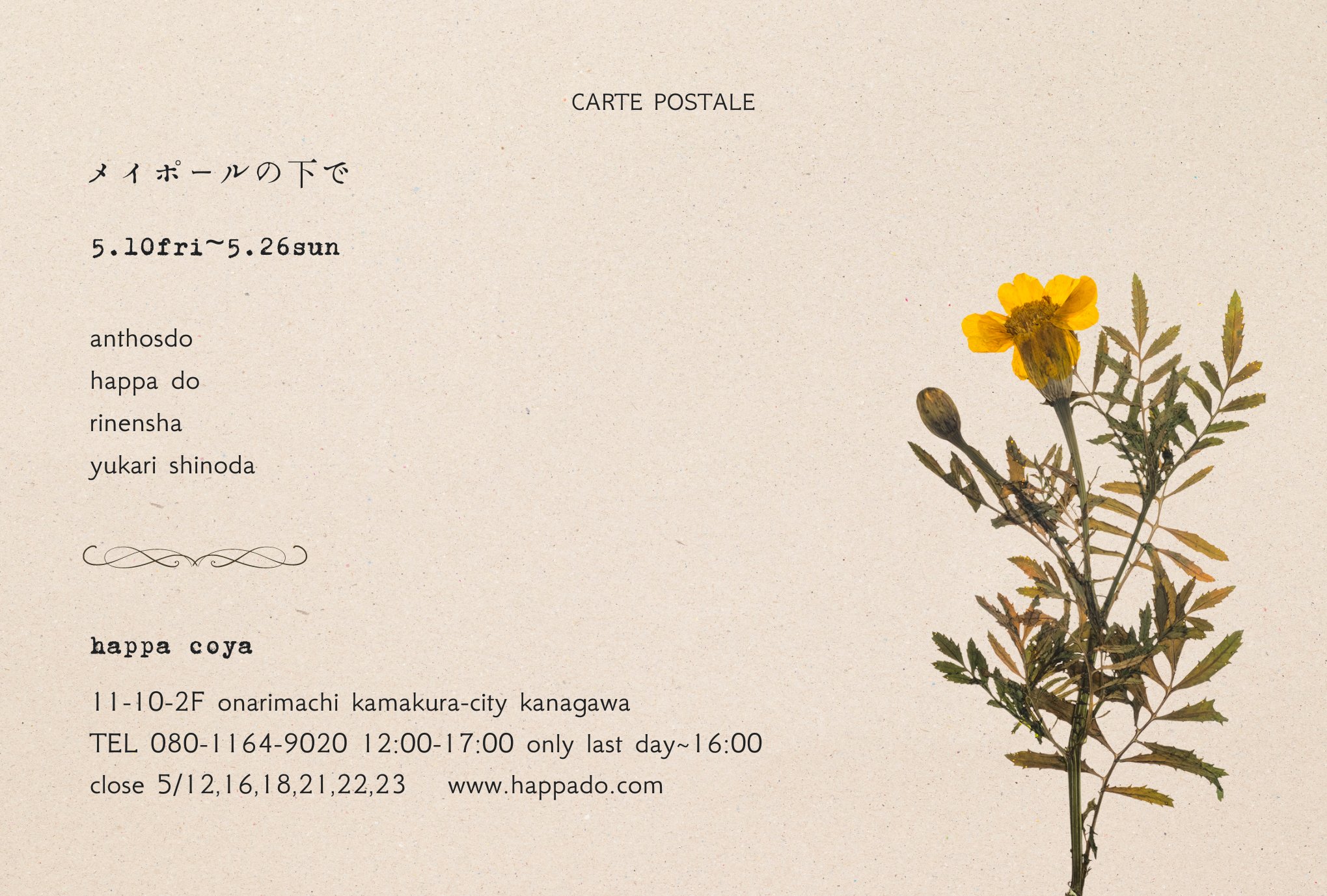 鎌倉の葉っぱ小屋さんでの「メイポールの下で」の展示のフライヤーです。展示会名、参加作家さん、開催日程が書かれており、押し花の写真が載っています。