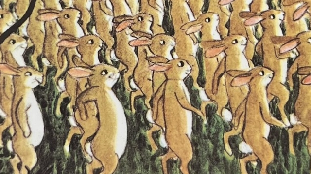 『200ぴきのうさぎ』の絵本のページのイラストです。たくさんのうさぎが並んでいます。