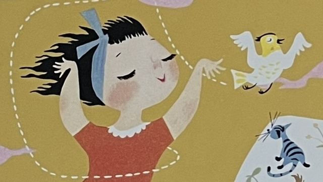 『I CAN FLY』の絵本の表紙のイラストです。小鳥が羽ばたいていて、その横で女の子がその羽ばたきのマネをしているイラストが描かれています。