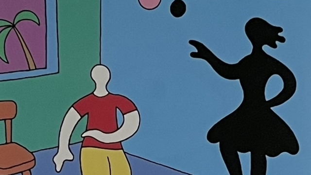 『ダンス・ダンス・ダンス』の本の表紙のイラストです。部屋にいる男とそばの壁には女の影が描かれています。