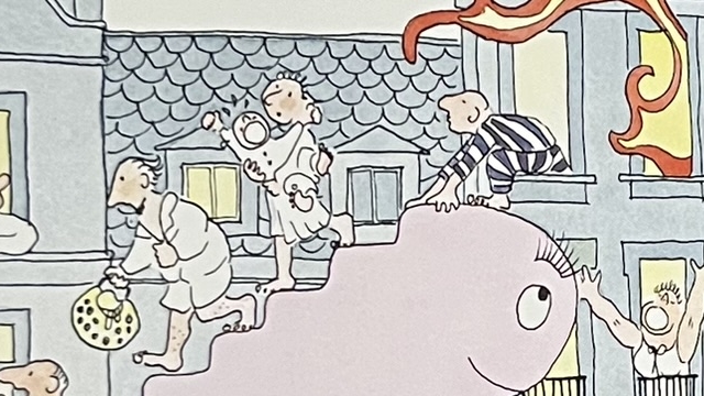 『おばけのバーバパパ』の絵本のページのイラストです。バーバパパが階段状になってビルの火事から人々を避難させているイラストが描かれています。