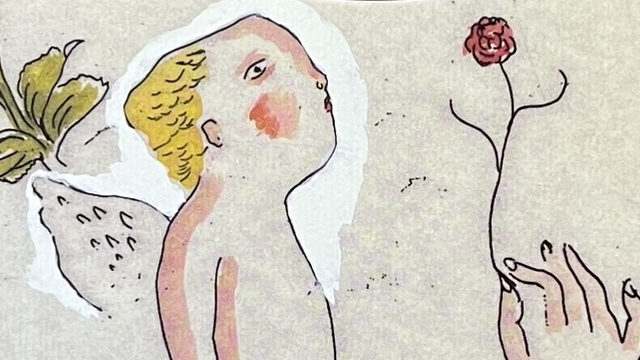 『魔利のひとりごと』の本の表紙のイラストです。天使の男の子と手に持った赤いお花が描かれています。