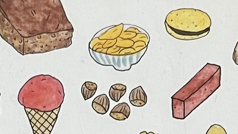 『わたしのおやつレシピ』の本の表紙のイラストです。さまざまなおやつが描かれています。