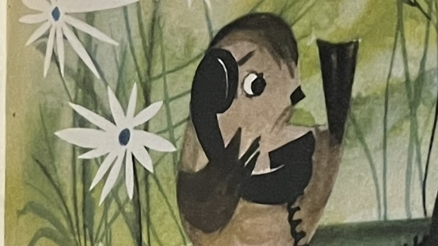 『SPATZCHEN SCHWATZ UND SEINE FREUNDENDE』の絵本のページのイラストです。小鳥が電話をかけているイラストです。