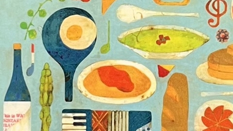 『パリ仕込みお料理ノート』の表紙のイラストです。フランスの料理や素材のイラストが載っています。