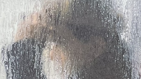 『永遠のソール・ライター』の写真集の表紙の写真です。雨に濡れているガラスの向こうの帽子をかぶった男の写真です。
