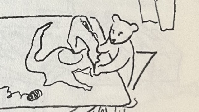 『Les dessous de Tsé Tsé associées』の本のページのイラストです。クマがミシンでお洋服を作っています。