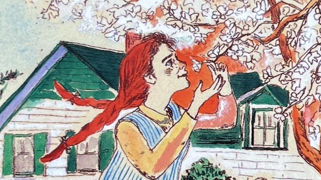 『赤毛のアン』の本の表紙のイラストです。赤毛のアンが木のお花の匂いをかいでいるイラストです。