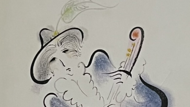 『風をよびとめて』の表紙のイラストです。帽子をかぶった女性がバイオリンを持っている絵が描かれてます。