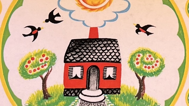 『ちいさいおうち』の絵本の表紙の絵です。のどかな丘にちいさんおうちが立っているイラストが描かれています。