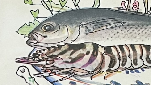 『わが百味真髄』の本の表紙のイラストです。魚や海老のイラストが描かれています。