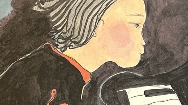 『紙のピアノの物語』の絵本の表紙のイラストです。ピアノを弾いている女の子の絵が描かれています。