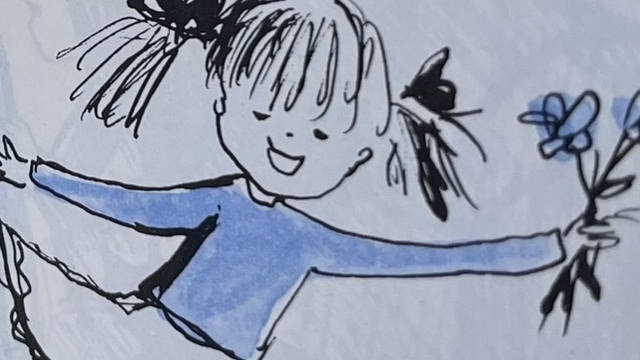 『DO YOU EVER FEEL LONELY?』の絵本のページのイラストです。女の子が花束を持って走っているイラストが描かれています。