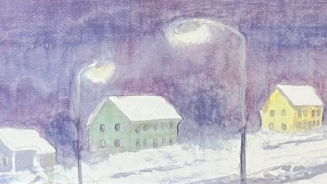 『おもちゃと金平糖』の本の表紙のイラストです。家々に積もる雪の風景が描かれています。