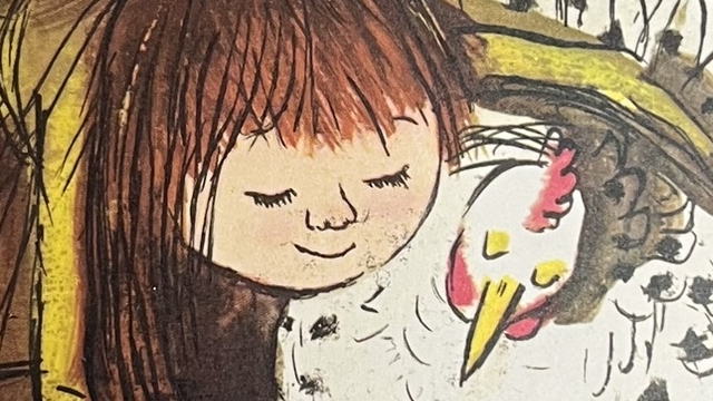 『わたしのかわいいめんどり』の絵本のページのイラストです。女の子がめんどりを抱いている絵が描かれています。