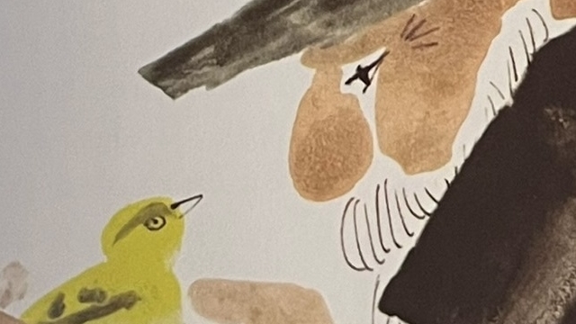 『ミンケパットさんと小鳥たち』の絵本のページのイラストです。ミンケパットさんが小鳥を手に乗せていつくしむかのような絵が描かれています。