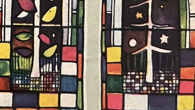 『こどもさんびか』の本の表紙のイラストです。ステンドグラスの絵が描かれています。