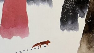 『ゆきのうえのなぞのあしあと』の絵本の表紙のイラストです。森の中の雪の上をキツネらしき動物が足跡をつけて歩いている絵が描かれています。