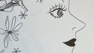 『山名文夫イラストレーション作品集』の本のページのイラストです。線で女性の顔を表現してます。