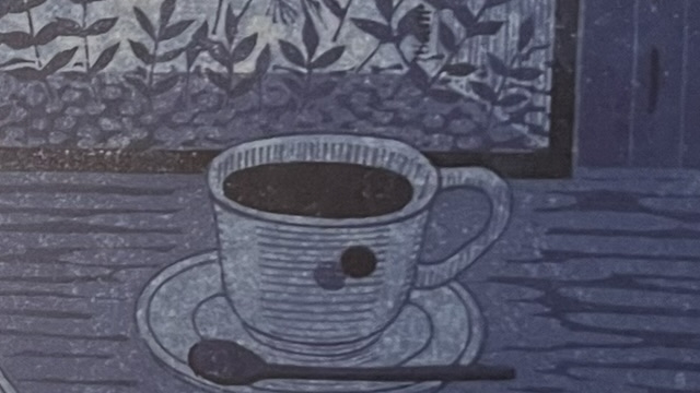 『星屑珈琲』の本のページの版画です。コーヒーカップが描かれれています。