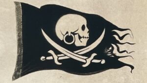 『海賊学』の本のページのイラストです。髑髏と剣の海賊旗が描かれています。