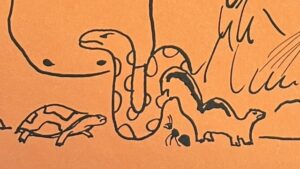 『ALL THE ANIMALS WERE ANGRY』の絵本の表紙のイラストです。アリ、カメ、ヘビ、リスなどの動物が描かれています。