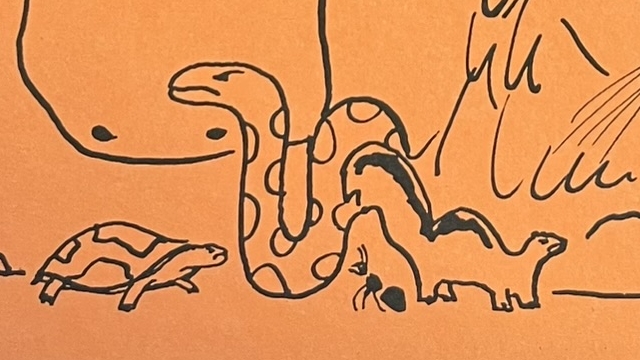 『ALL THE ANIMALS WERE ANGRY』の絵本の表紙のイラストです。アリ、カメ、ヘビ、リスなどの動物が描かれています。