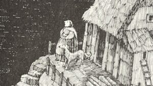 『HILDILID'S NIGHT』の絵本のページのイラストです。ヒルディリドが夜空を眺めています。