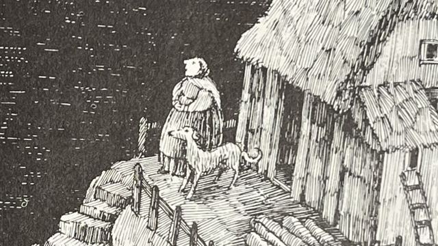 『HILDILID'S NIGHT』の絵本のページのイラストです。ヒルディリドが夜空を眺めています。