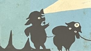 『THE MELLOP'S GO SPELUNKING』の絵本の表紙のイラストです。ブタさんがヘルメットをかぶりライトをつけている絵が描かれています。