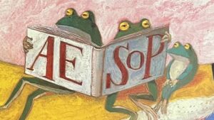 『いそっぷのおはなし』の絵本の表紙のイラストです。カエルさんが2匹イソップの本を読んいる絵が描かれています。