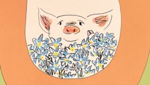 『こぶたのバーナビー』の絵本の表紙のイラストです。お花に囲まれた子ぶたが描かれています。