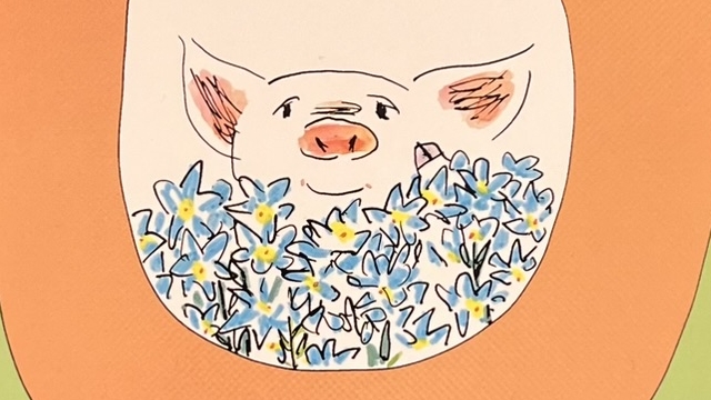 『こぶたのバーナビー』の絵本の表紙のイラストです。お花に囲まれた子ぶたが描かれています。