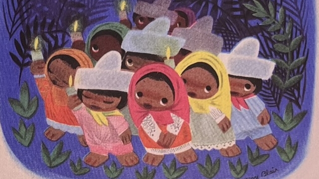 『メアリ・ブレア原画展』のページのイラストです。たくさんの子どもたちが描かれています。