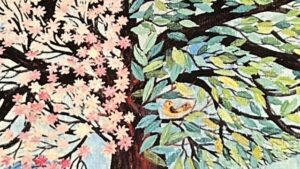 『木のうた』の絵本の表紙のイラストです。四季の葉っぱが描かれています。