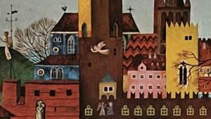 『鳥のうた』のドイツ語版の絵本の表紙の写真です。建物が並ぶ風景が描かれています。