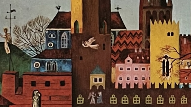 『鳥のうた』のドイツ語版の絵本の表紙の写真です。建物が並ぶ風景が描かれています。