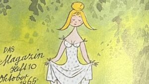 『Magazin-Titelbilder aus drei Jahrzehnten』の本のページのイラストです。女性がスカートを持ち上げているイラストが描かれています。
