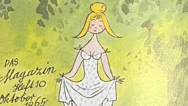『Magazin-Titelbilder aus drei Jahrzehnten』の本のページのイラストです。女性がスカートを持ち上げているイラストが描かれています。