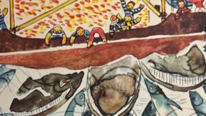 『うみのがくたい』の絵本のページのイラストです。船と船の下のクジラが描かれています。