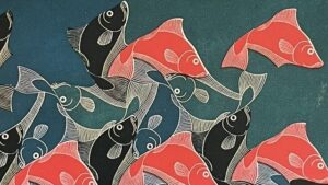 『エッシャー・変容の芸術』の本の表紙の絵です。魚の絵が繰り返しパターンとして描かれています。