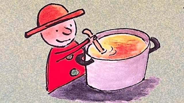 『トゥーレのたねまき』の絵本の表紙のイラストです。赤い帽子と赤い服を着た男の子がお鍋をまぜている絵です。