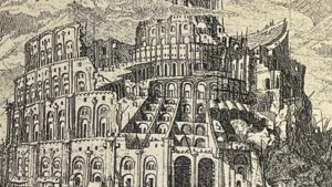 『ブリューゲル版画の世界』の図録の表紙の写真です。石積みの塔が描かれています。