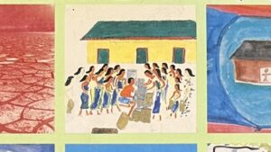 『人間の大地』の本の表紙です。みんなが集まっている絵や、乾いた大地の写真が載っています。