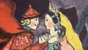 『死せる王女と七人の騎士』の絵本のページです。王子さまと王女さまが向きあっている姿が描かれています。