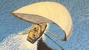 『風の星』の絵本の表紙です。風をうけて海を奔走する帆船が描かれてます。