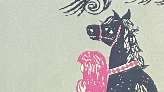 『I HAVE A HORSE OF MY OWN』の絵本のページのイラストです。馬と女の子が遠くを眺めている絵が描かれています。